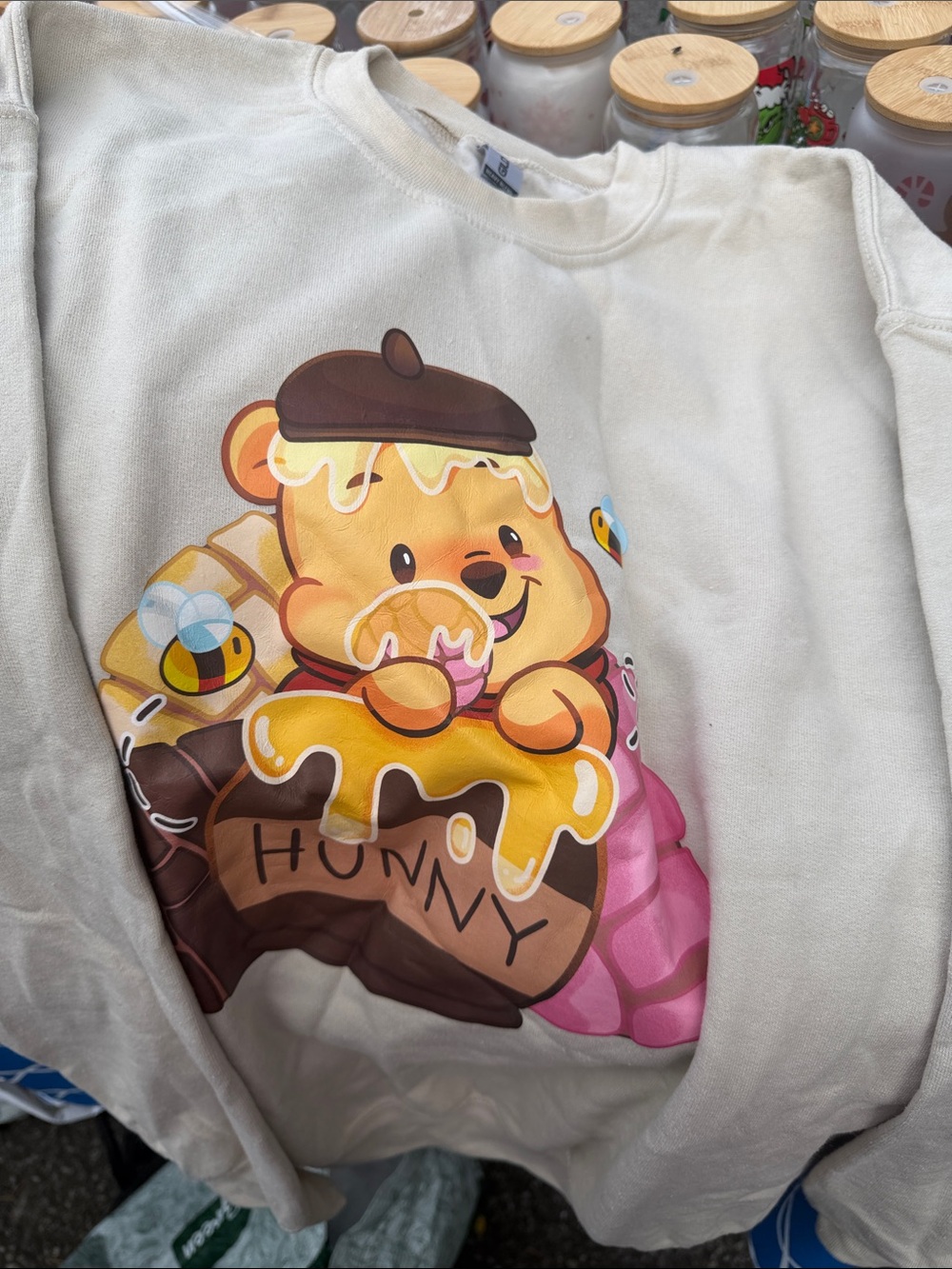 Gildan Cream Sweatshirt with Honey Bear Graphic and Pink Accents